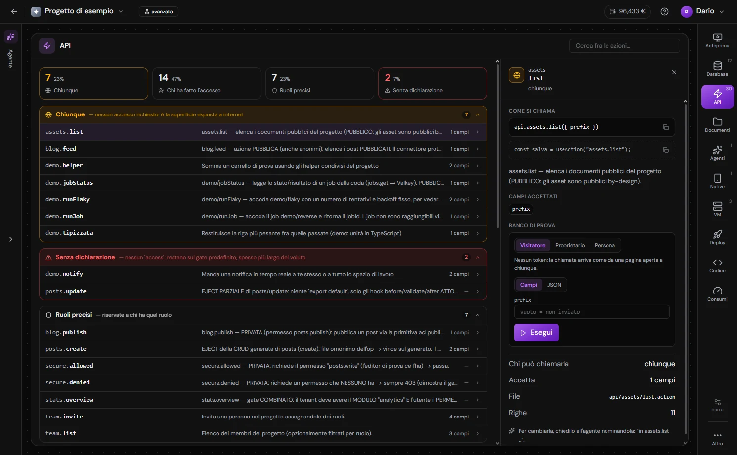 La sezione API dello Studio: la griglia delle azioni raggruppate per namespace e il pannello di dettaglio di un'azione aperto a destra.