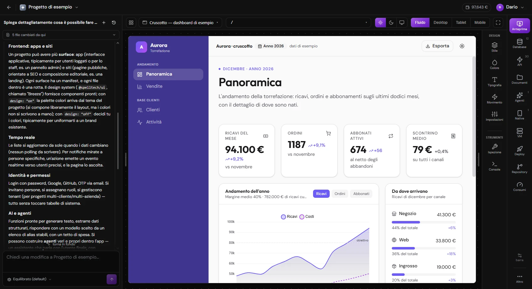 Il cockpit di progetto dello Studio, a tre colonne: la conversazione con il Builder a sinistra, l'anteprima dell'applicazione al centro, il rail delle sezioni a destra. Meglio con una conversazione già avviata e qualche strumento nell'attività.