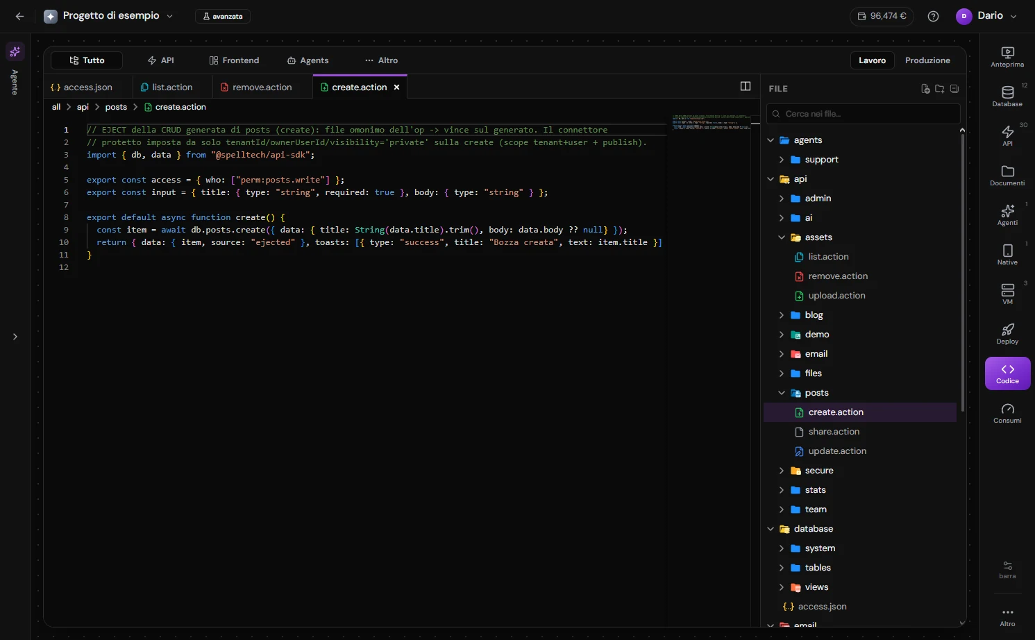 La sezione Codice dello Studio: il workbench in stile VS Code con l'editor a sinistra, l'albero dei file sul bordo destro, un paio di schede aperte e il selettore di zona (Frontend | API | Agents | Email | Other) nella barra in cima.
