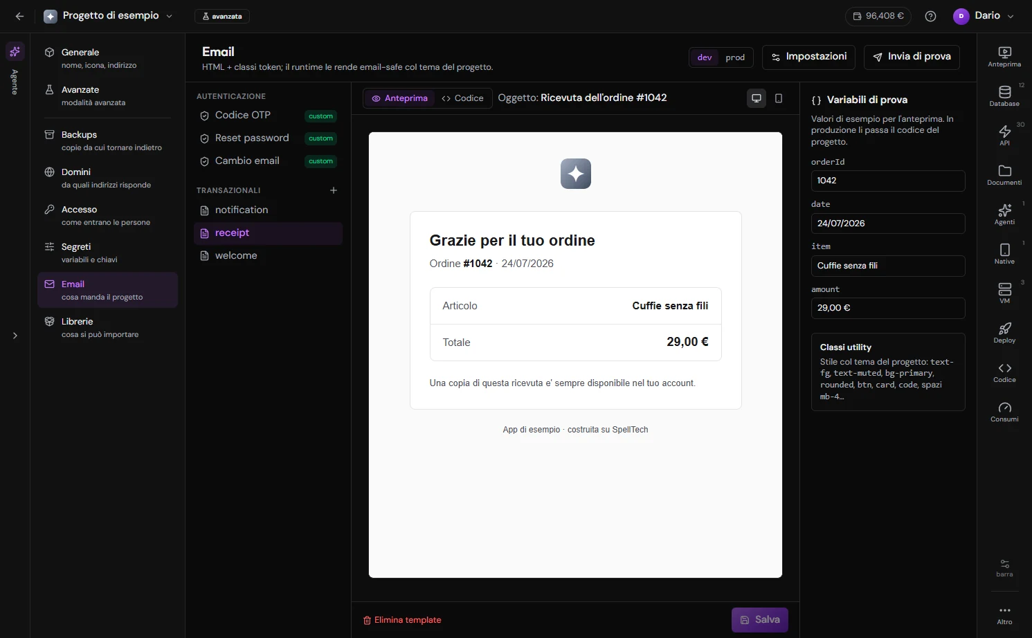 La sezione Email dello Studio: l'anteprima di un'email a sinistra e l'editor del corpo, col pannello delle variabili a destra.