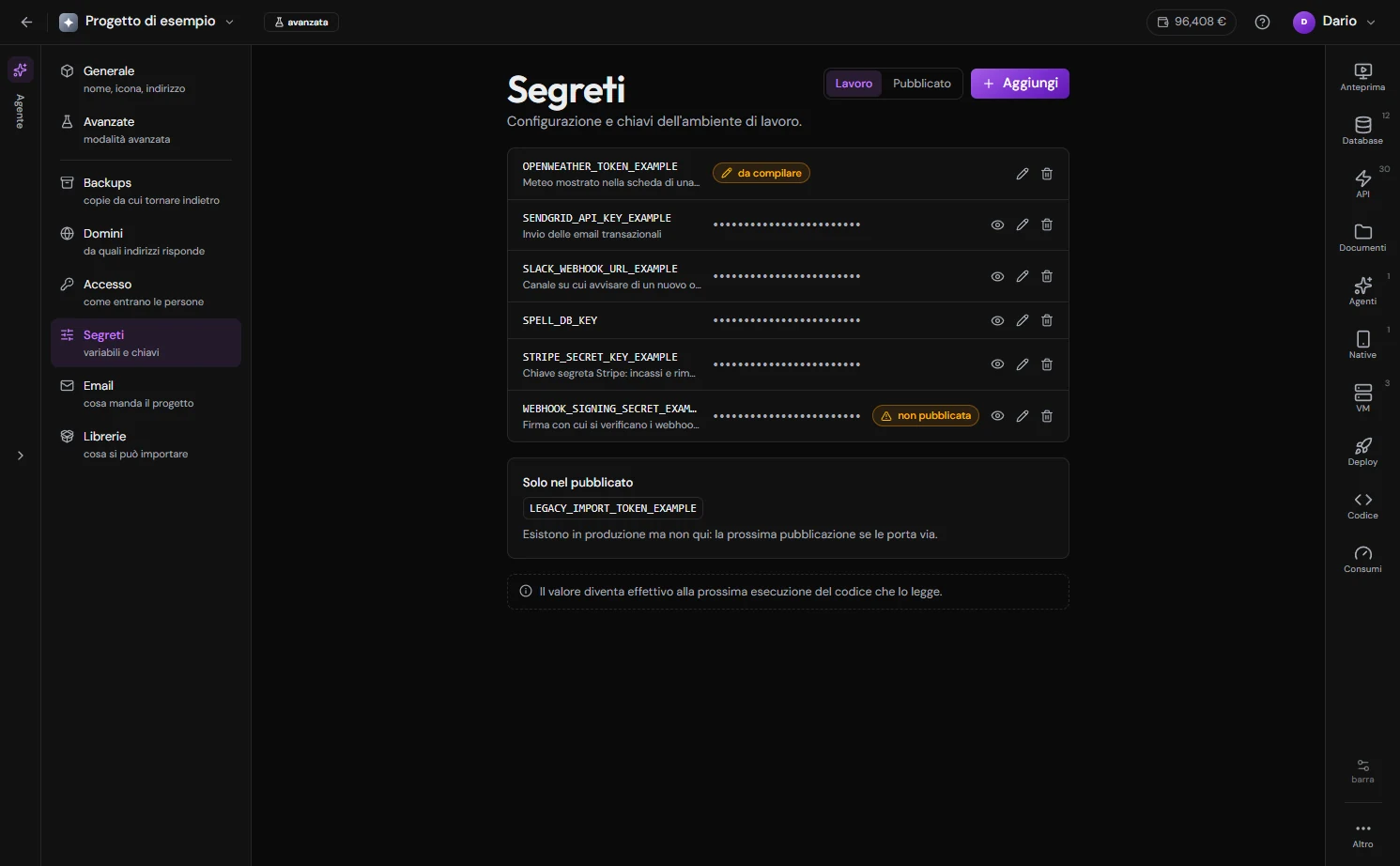 La sezione Segreti dello Studio con i valori mascherati, e accanto la sezione API key con una chiave appena generata.